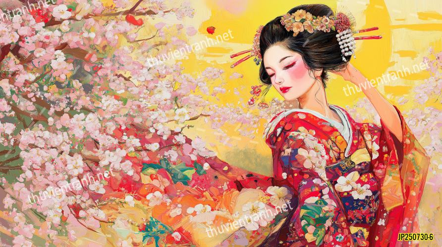 Tranh dán tường hoa cô gái Geisha Nhật Bản-JP250730-6 - Tranh tường chất lượng cao